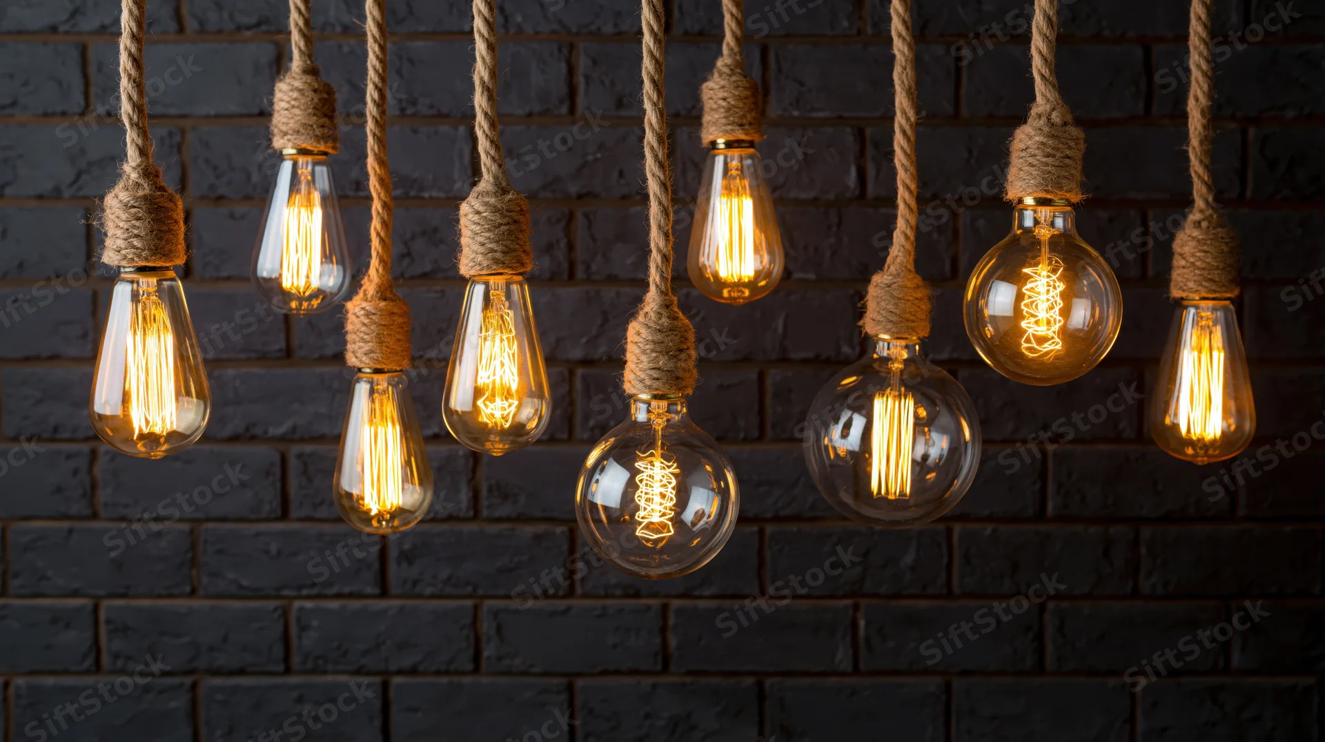 Vintage Edison lightbulbs hanging from rope cords against a black brick wall