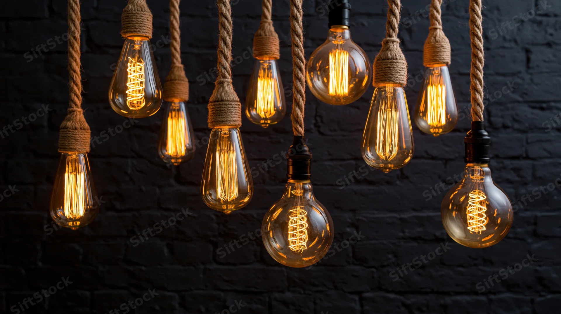 Vintage edison lightbulbs hanging from rope cords against a black brick wall