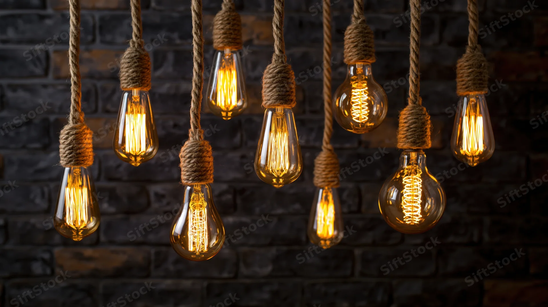 Vintage Edison lightbulbs hanging from rope cords against a dark brick wall