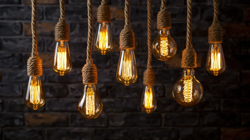 Vintage Edison lightbulbs hanging from rope cords against a dark brick wall