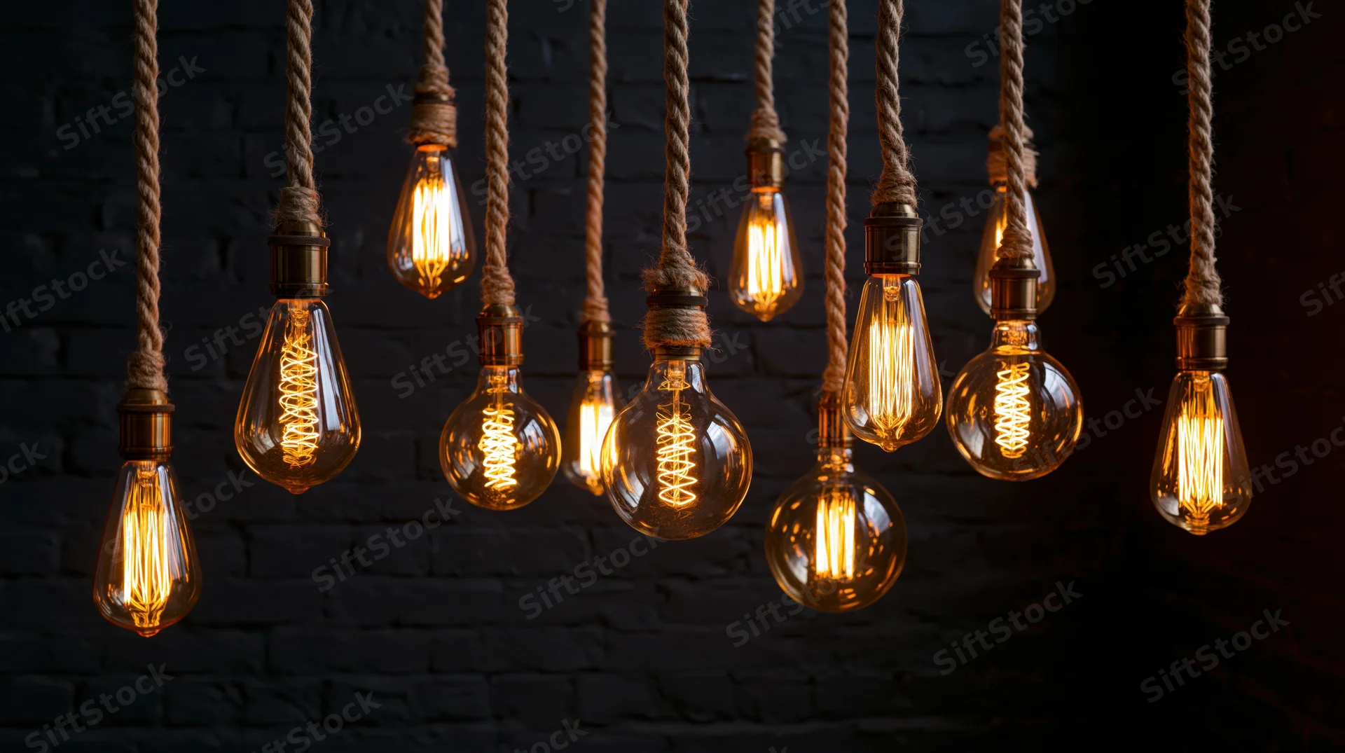 Vintage Edison lightbulbs hanging from ropes against a black brick wall