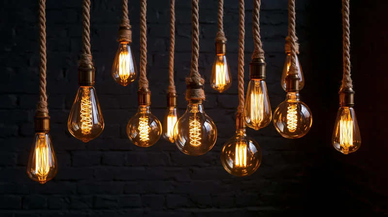 Vintage Edison lightbulbs hanging from ropes against a black brick wall