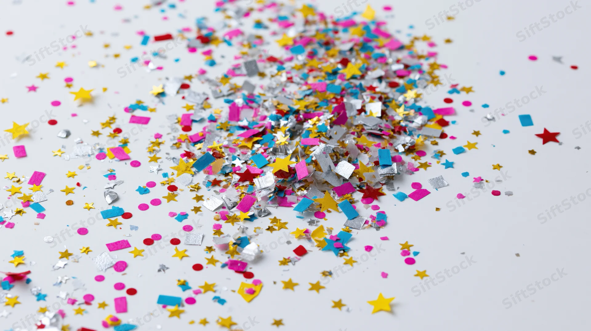 Colorful confetti scattered in a pile on a white surface with copyspace