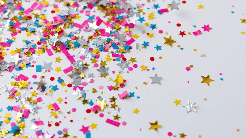 Colorful confetti scattered across a white surface with copyspace on the right side