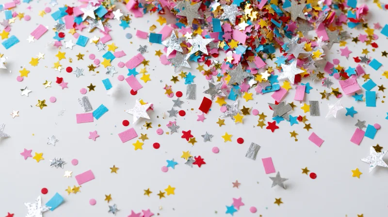 Colorful confetti scattered across a white surface in a flat lay arrangement