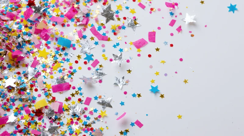 Colorful confetti scattered across white surface with copyspace for text or design