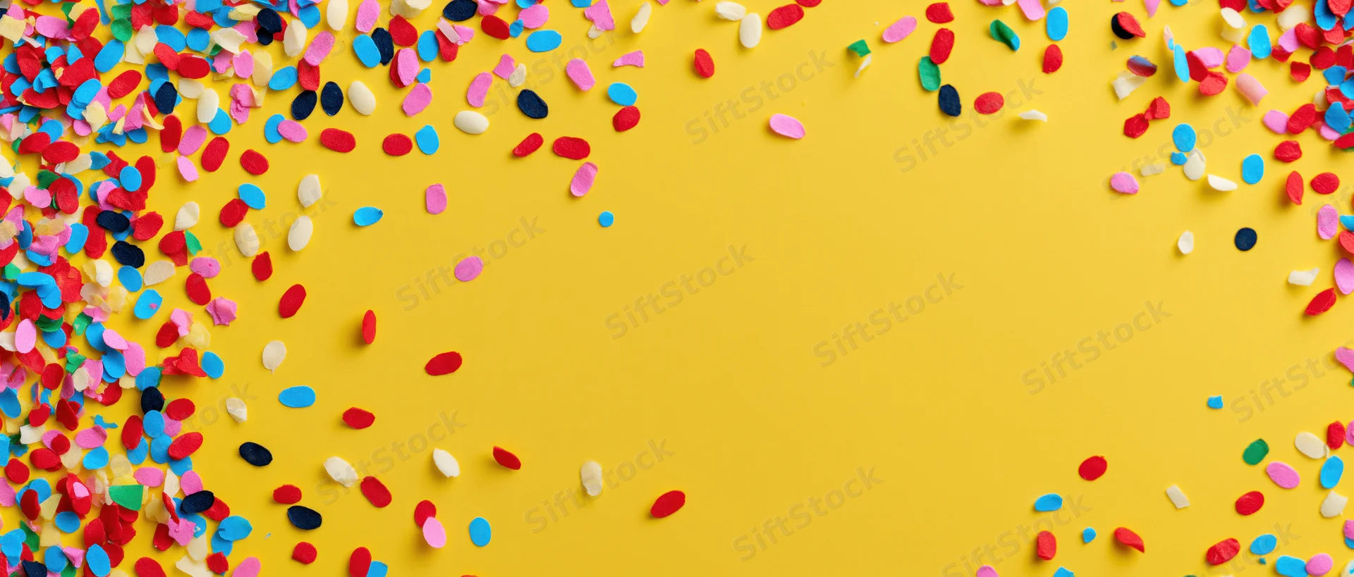Colorful confetti scattered across yellow background forming border with copyspace in center