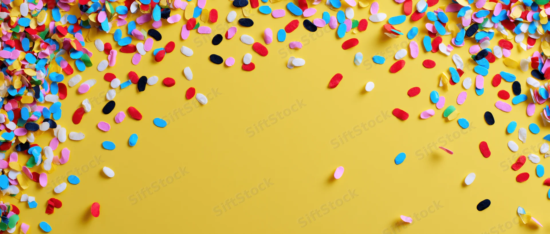 Colorful confetti scattered across yellow background with copyspace for text or design
