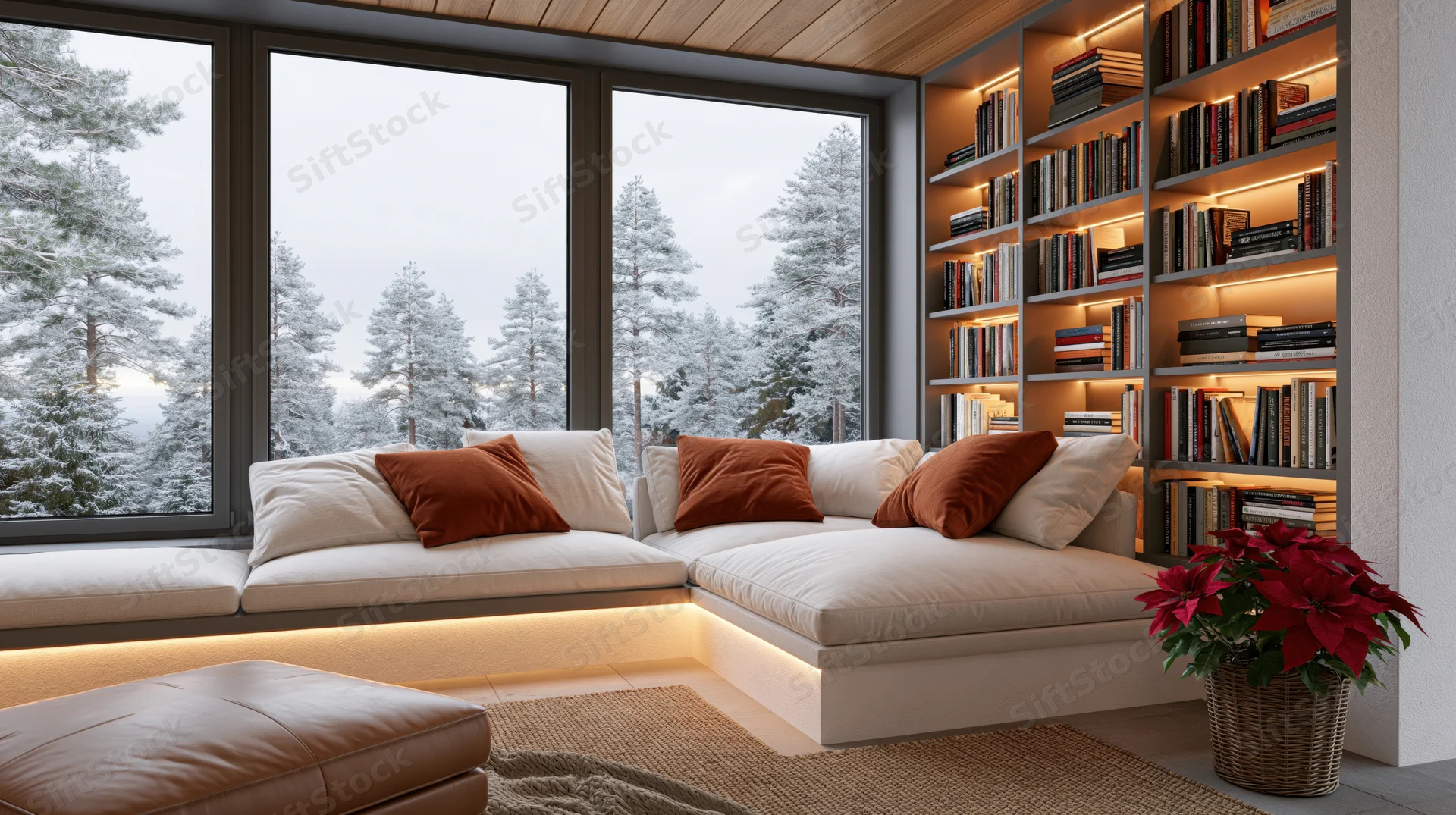 White sectional sofa with orange cushions and bookshelf beside large windows overlooking snowy pine trees in a modern living room with warm ambient lighting and a poinsettia plant in a basket