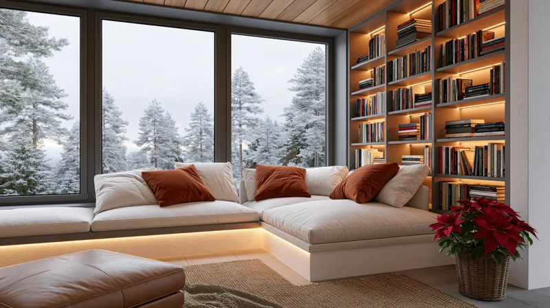 White sectional sofa with orange cushions and bookshelf beside large windows overlooking snowy pine trees in a modern living room with warm ambient lighting and a poinsettia plant in a basket