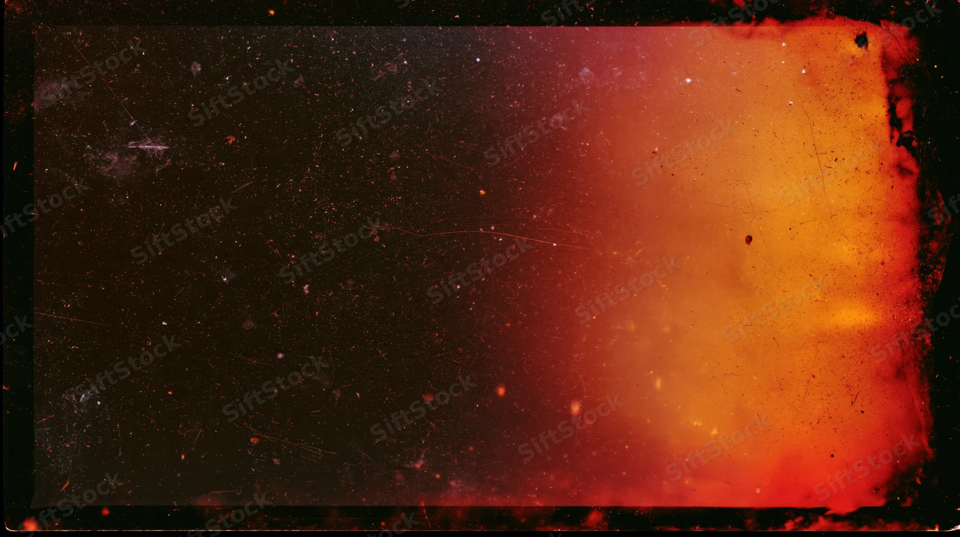 Fiery gradient transitioning from dark to bright orange with sparks and grunge texture across the frame