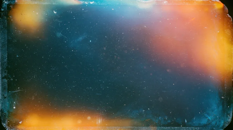 Abstract digital art with gradient colors and vintage film texture, featuring blue, orange, and yellow hues with grain and light glow