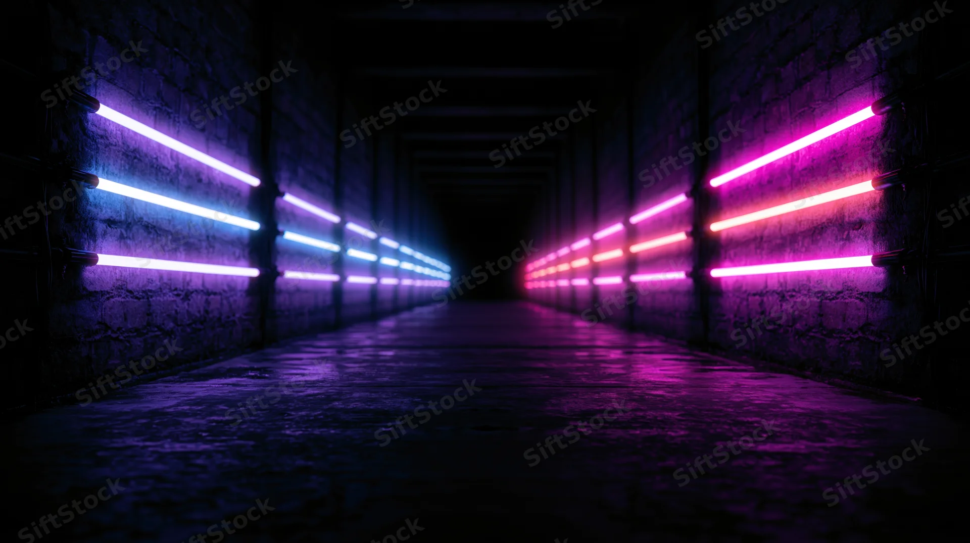 Neon-lit tunnel with glowing purple and blue lights along brick walls, reflecting on wet floor