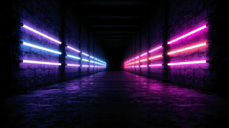 Neon-lit tunnel with glowing purple and blue lights along brick walls, reflecting on wet floor
