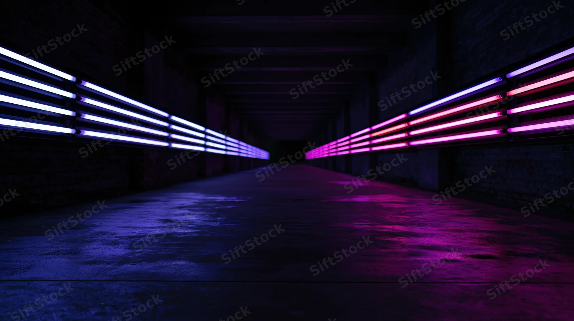 Long straight tunnel with blue and pink neon lights lining brick walls and concrete floor