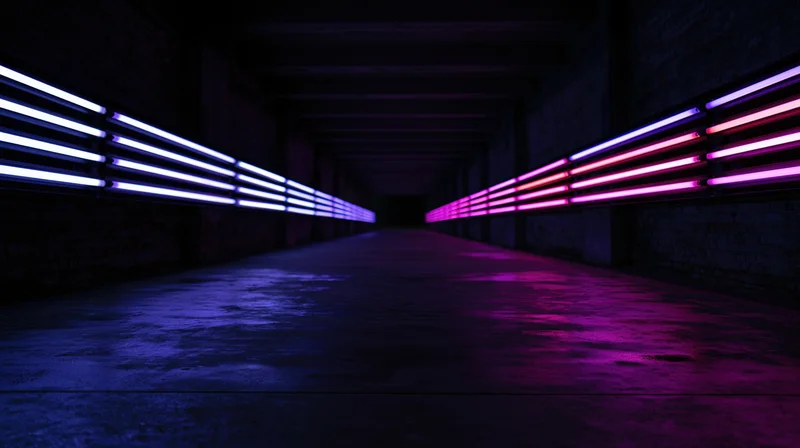 Long straight tunnel with blue and pink neon lights lining brick walls and concrete floor