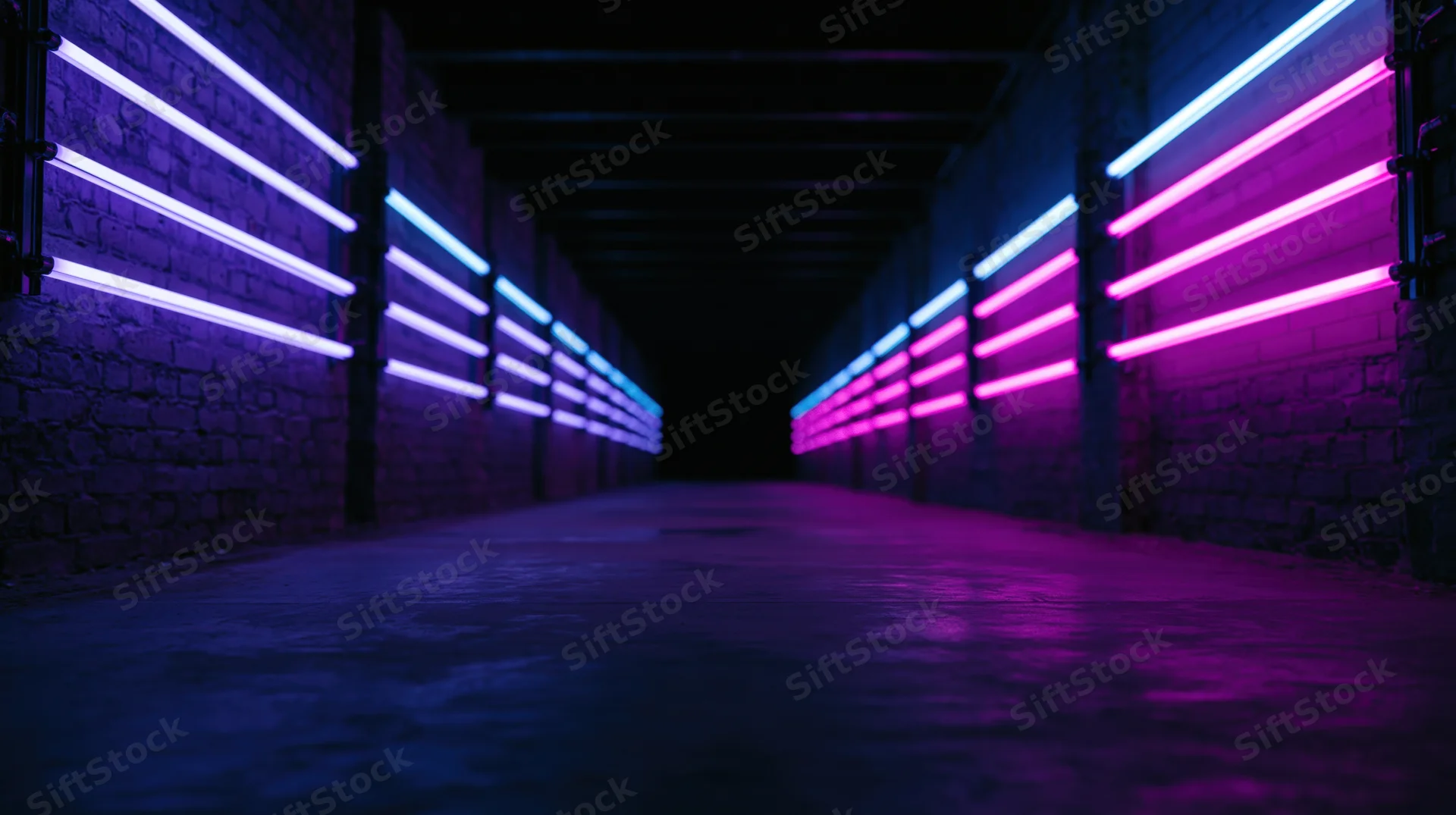 Neon-lit tunnel with purple and blue lights along brick walls leading into darkness