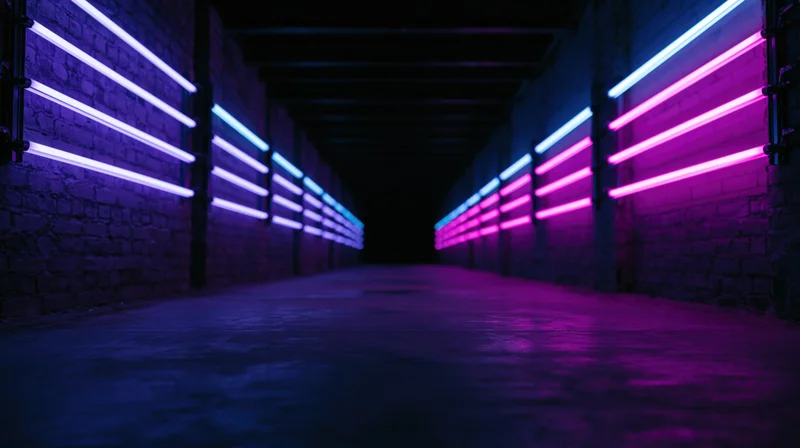 Neon-lit tunnel with purple and blue lights along brick walls leading into darkness