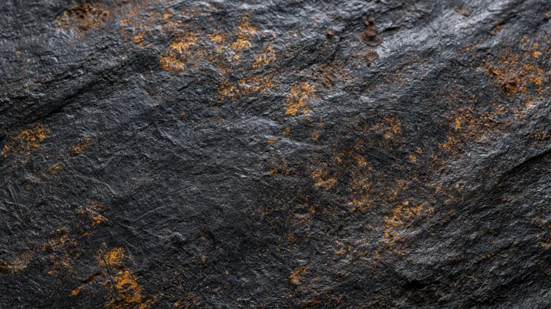 Dark textured rock surface with orange rust patches showing natural weathering and mineral oxidation