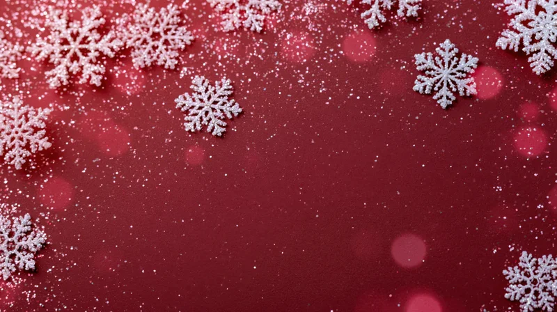 White snowflakes scattered on a red glittery background with bokeh lights and copyspace in center