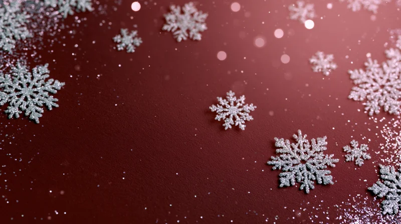 Silver glitter snowflakes scattered on a red textured background with bokeh lights and copyspace