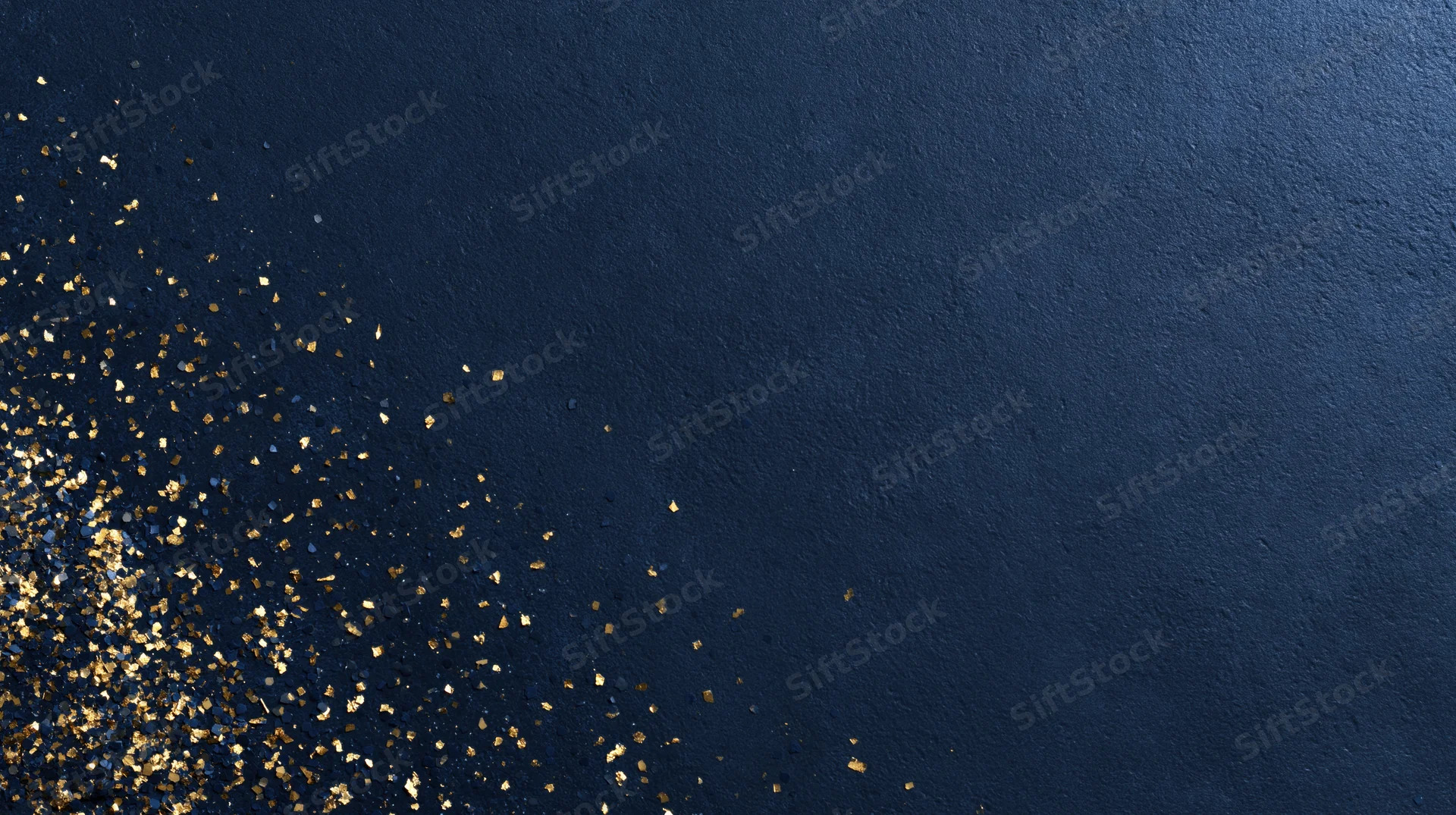 Gold glitter scattered across navy textured surface with copyspace on right