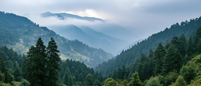 Misty mountain valley with dense pine forest and layered hills under overcast sky