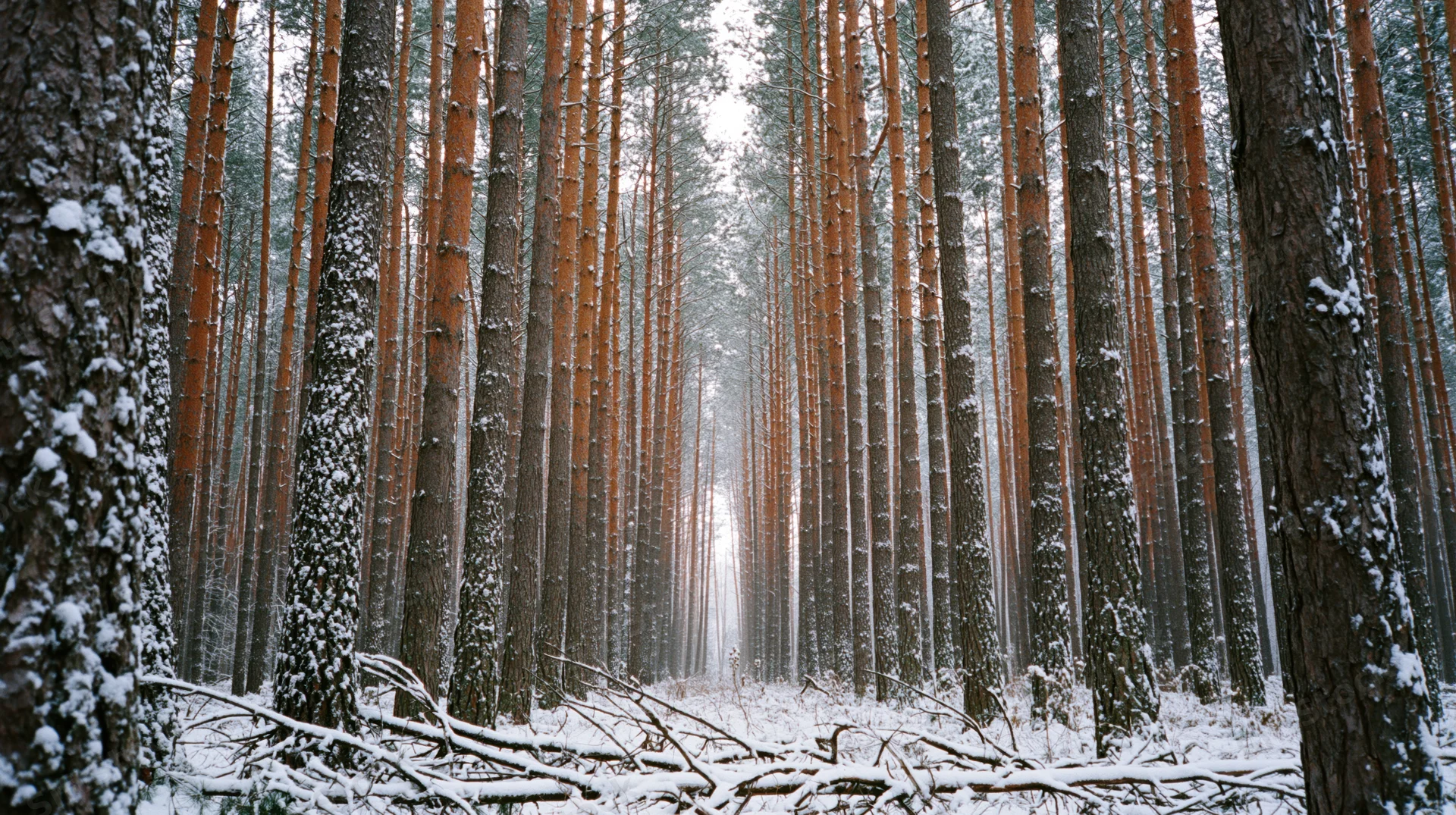 Snow-covered pine trees forming a straight path through a dense winter forest