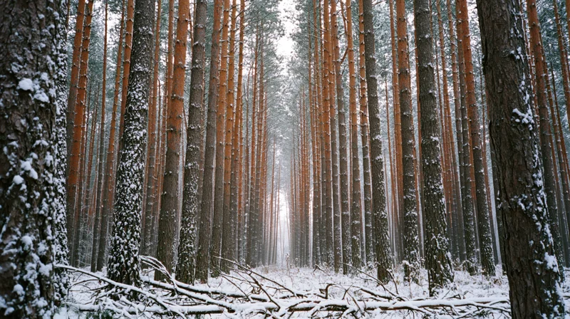 Snow-covered pine trees forming a straight path through a dense winter forest