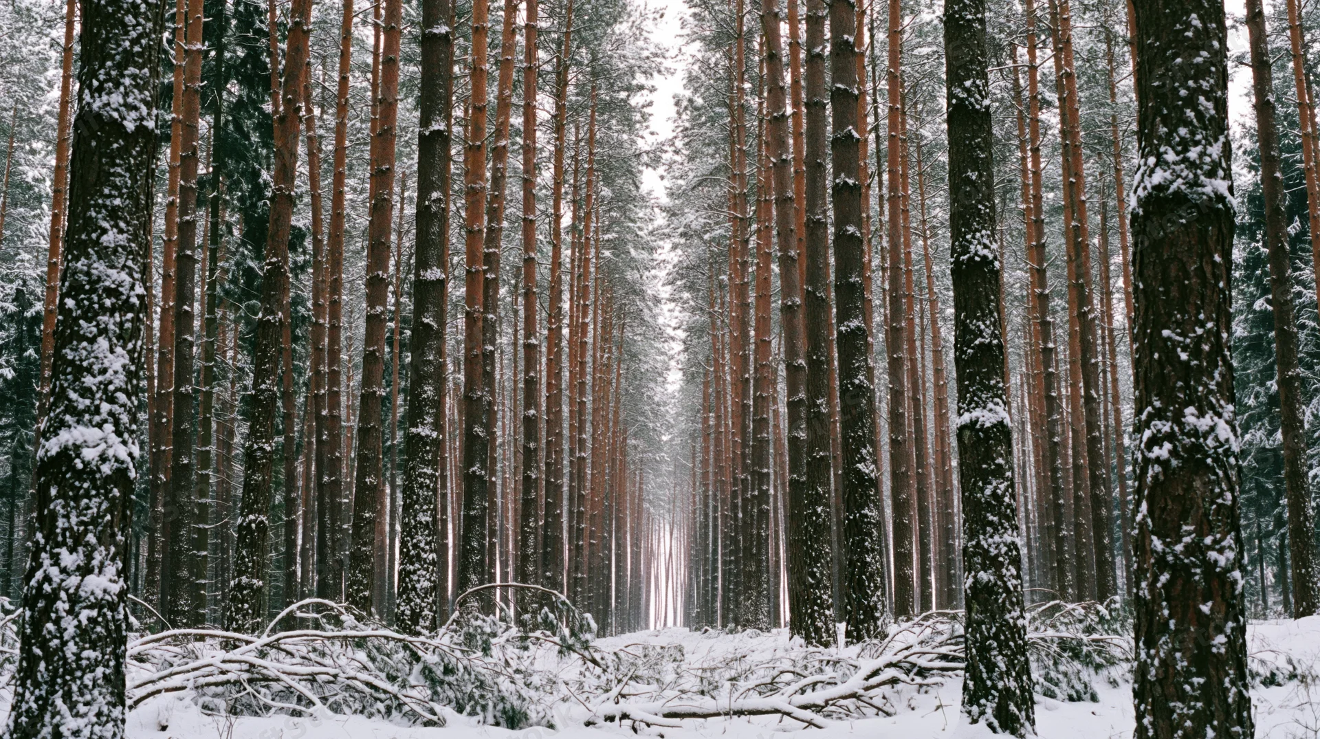 Snow-covered pine trees lining a quiet forest path in winter