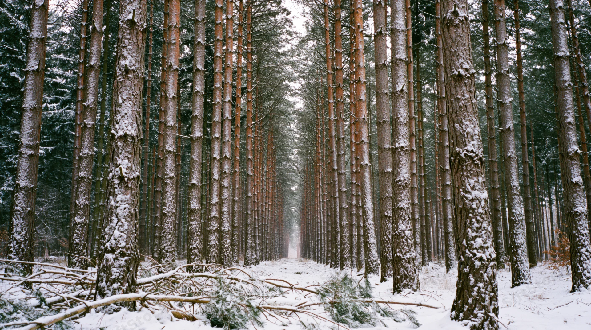 Snow-covered pine trees lining a straight path through a winter forest