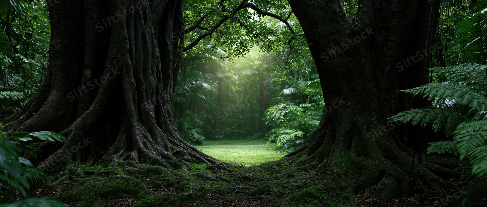 Ancient trees with sprawling roots frame a sunlit path through a lush tropical forest