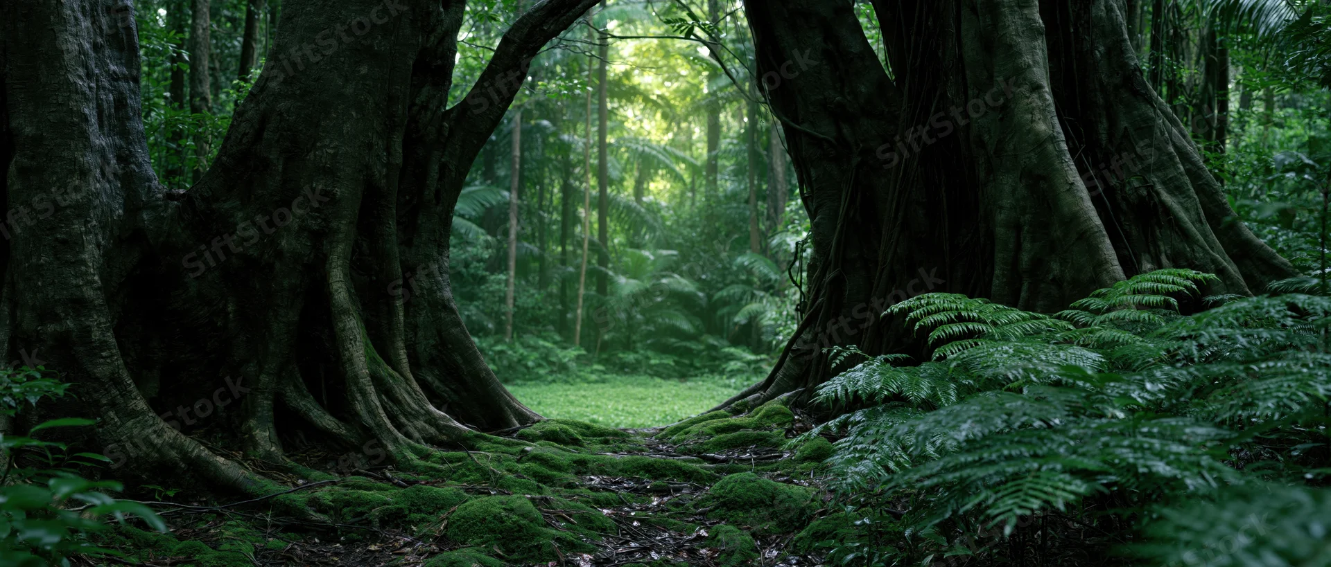 Dense tropical forest with moss-covered tree roots and ferns forming a natural archway over a narrow path