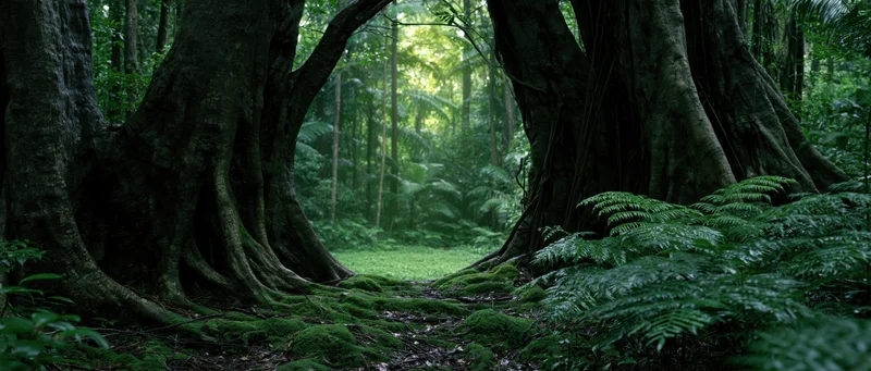Dense tropical forest with moss-covered tree roots and ferns forming a natural archway over a narrow path