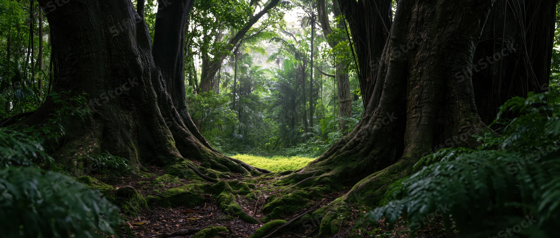 Dense tropical forest with moss-covered tree roots and dappled sunlight filtering through the canopy