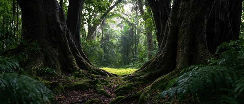 Dense tropical forest with moss-covered tree roots and dappled sunlight filtering through the canopy
