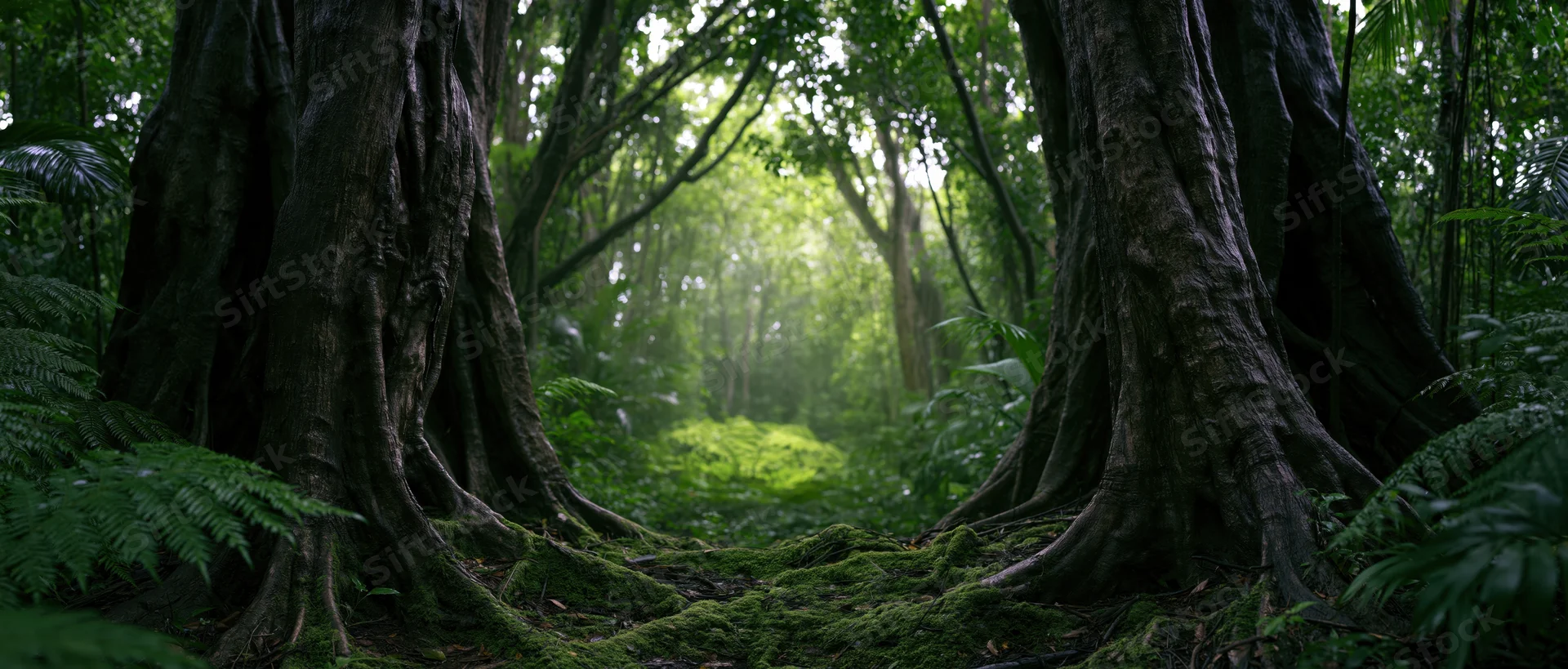 Dense tropical forest with moss-covered tree roots and dappled sunlight filtering through the canopy