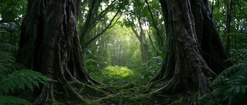 Dense tropical forest with moss-covered tree roots and dappled sunlight filtering through the canopy