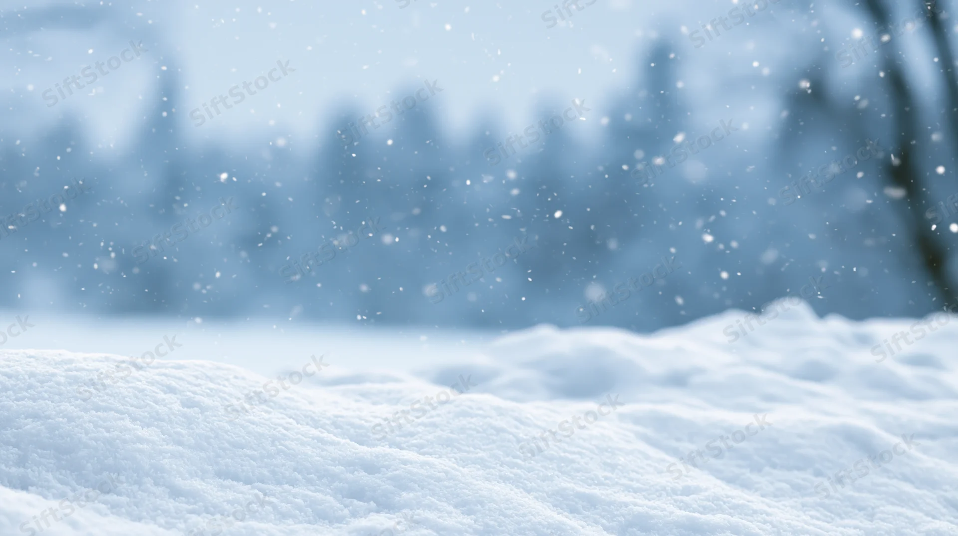 Snow-covered ground with falling snowflakes in a winter forest landscape