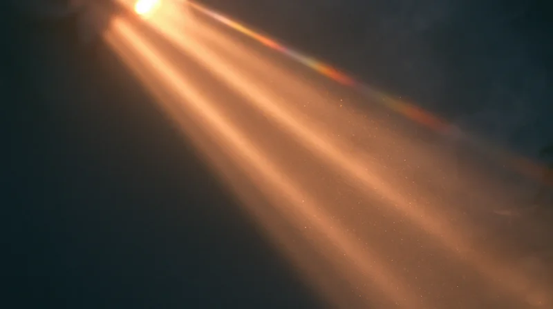 Golden sunbeams cutting through dark misty air with visible dust particles