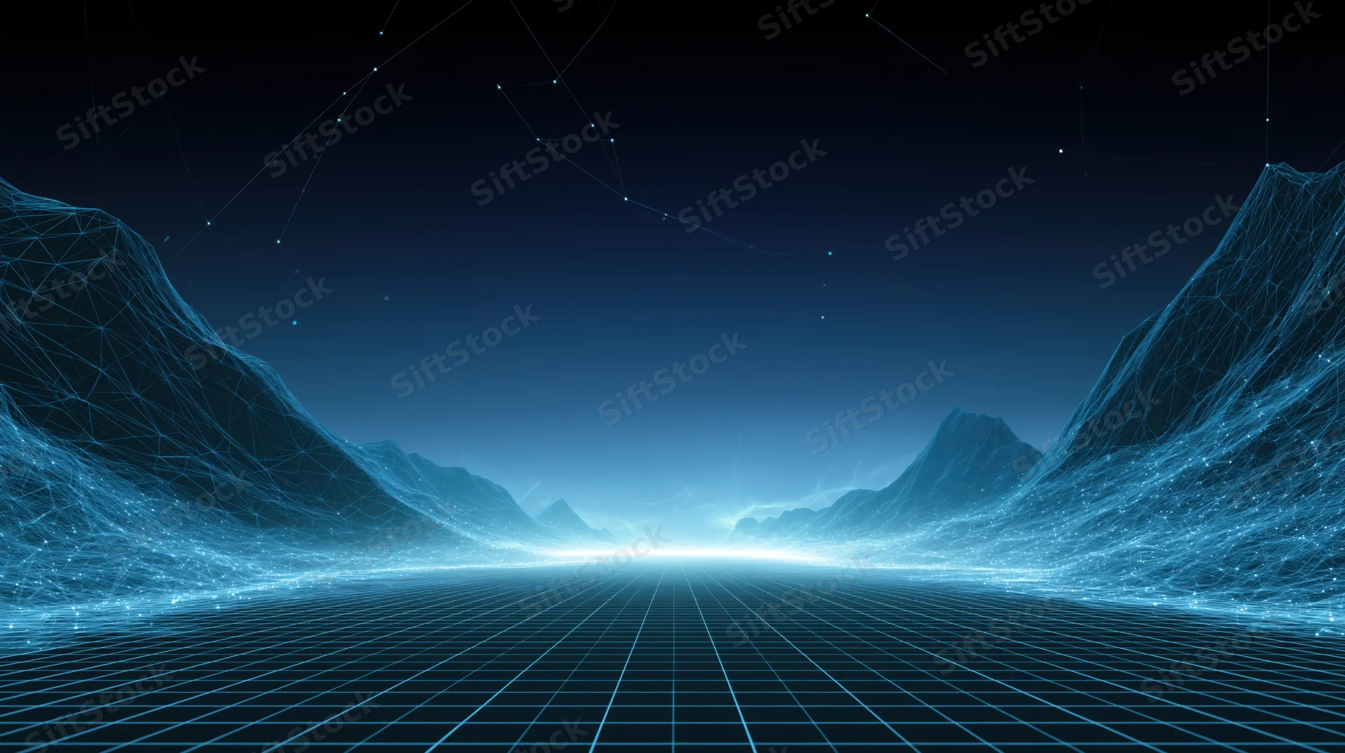 Digital wireframe landscape with glowing grid floor and mountainous terrain under dark sky