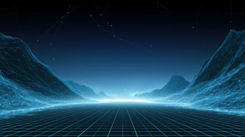 Digital wireframe landscape with glowing grid floor and mountainous terrain under dark sky