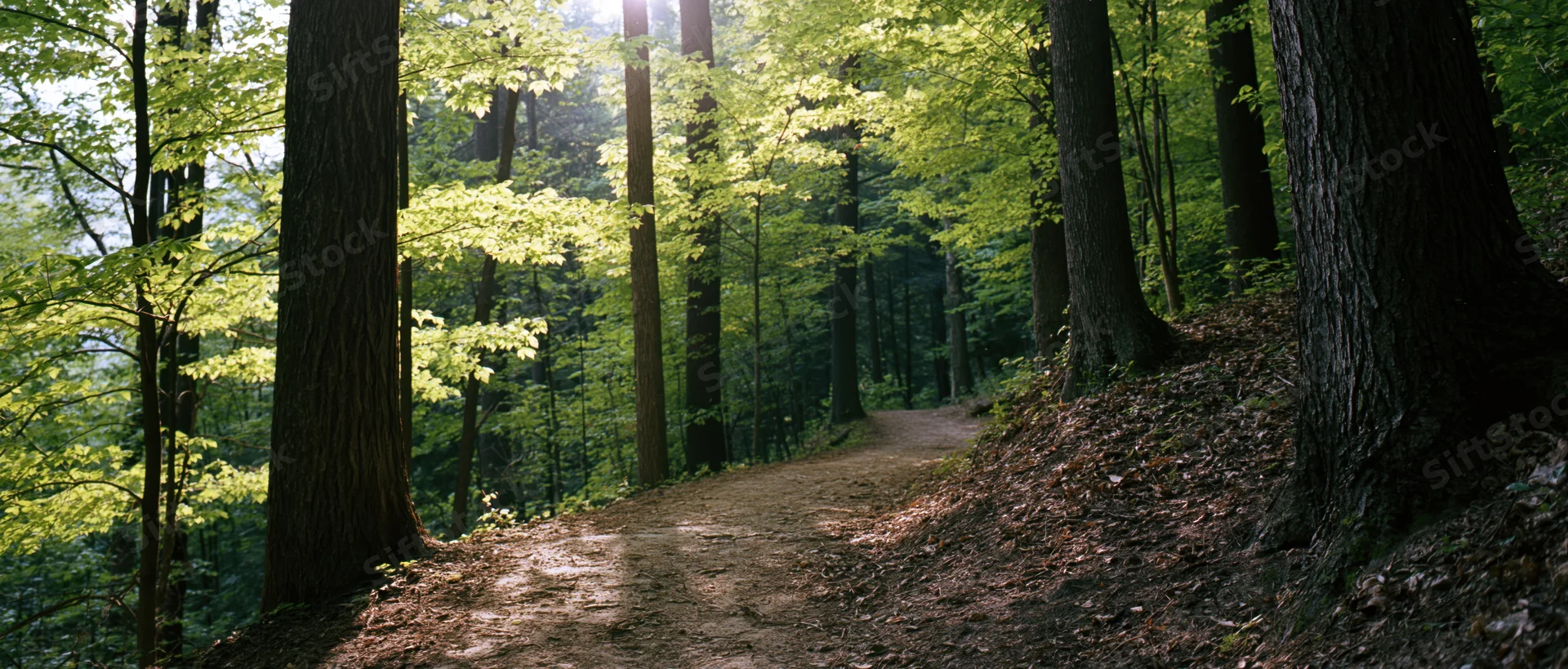 Dirt path winding through a sunlit forest with tall trees and green foliage
