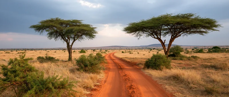 Dirt road winding through savanna with acacia trees under cloudy sky