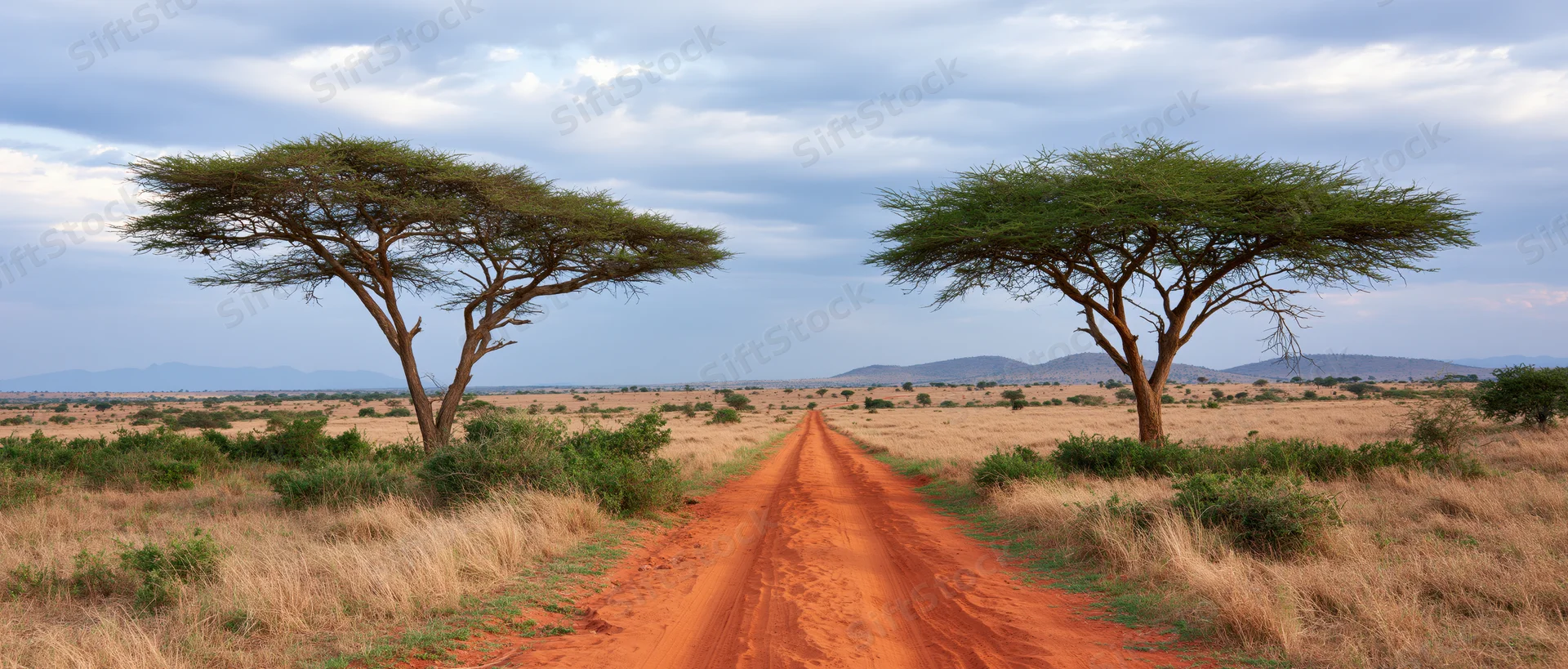 Red dirt road stretching through savanna with acacia trees under cloudy sky