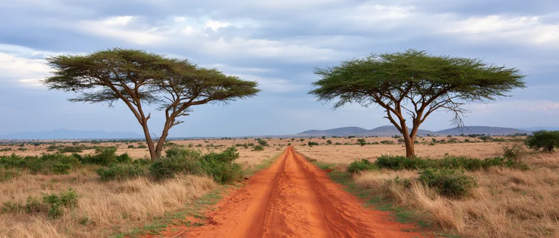 Red dirt road stretching through savanna with acacia trees under cloudy sky