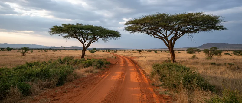 Red dirt road winding through savanna with acacia trees under cloudy sky at dusk