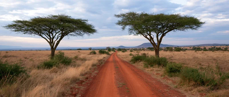 Red dirt road stretching through savanna with acacia trees under cloudy sky