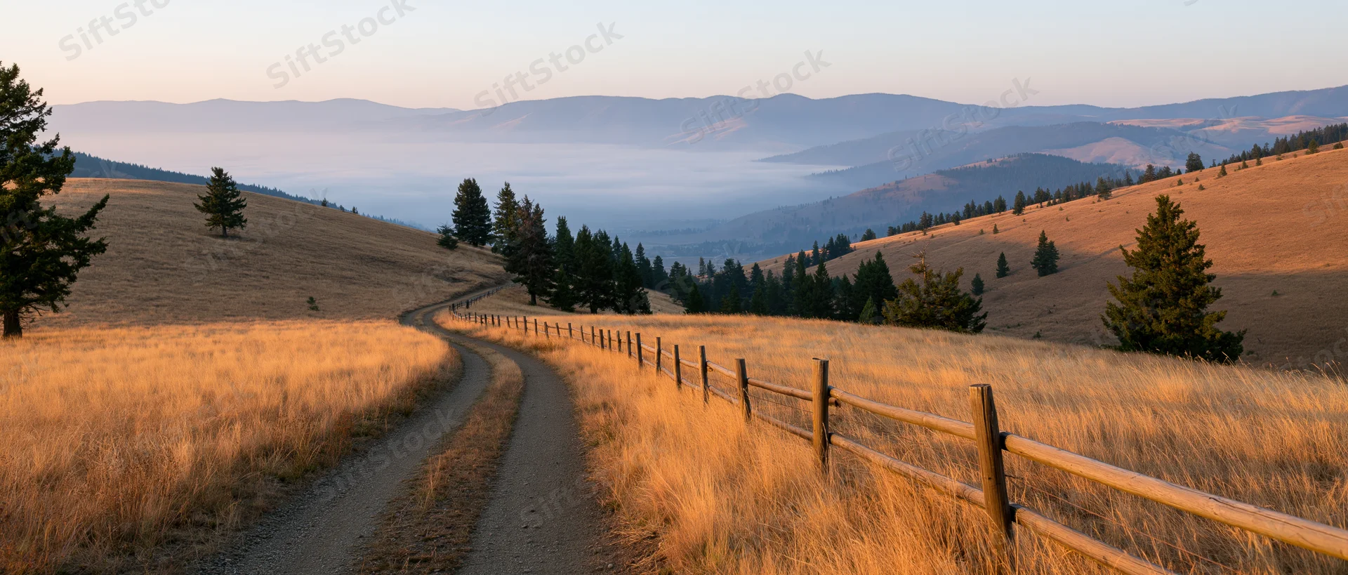 Winding dirt road through golden grass fields with wooden fence and distant misty mountains at sunrise