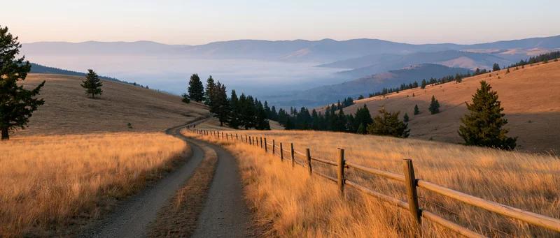 Winding dirt road through golden grass fields with wooden fence and distant misty mountains at sunrise
